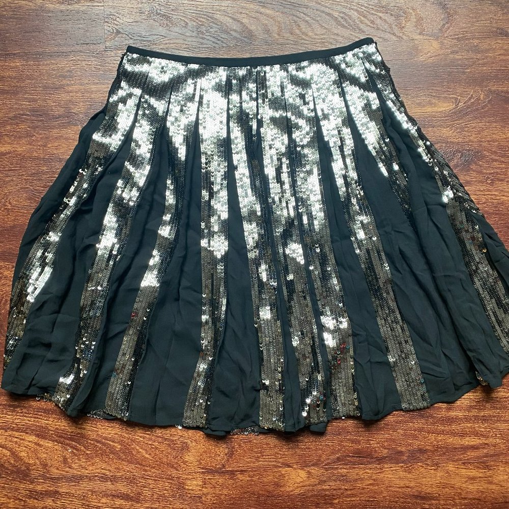 Ann Taylor mid length New Year's Eve black an silver sequined swing skirt